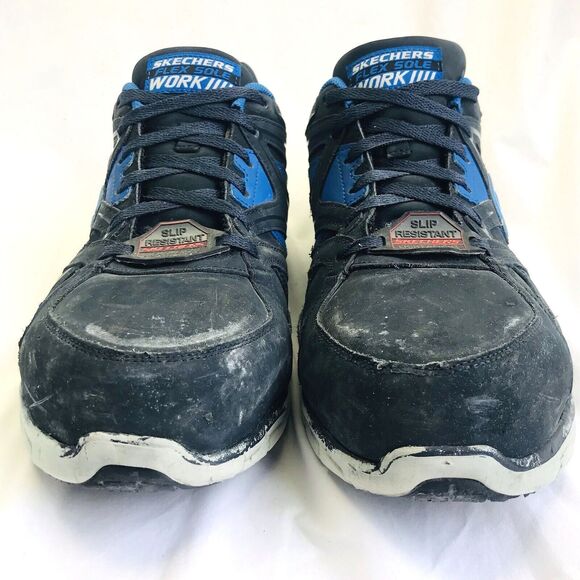 Skechers Work Shoe 13 Steel Alloy Toe Non Slip Leather Flex 2412 Black Blue - Picture 5 of 12